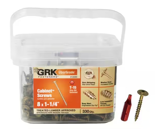 100069 Cabinet Screw, #8 Thread, 1-1/4 in L, Washer Head, Star Drive, Steel, 330 PK