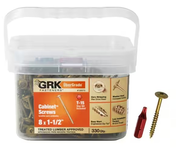 100073 Cabinet Screw, #8 Thread, 1-1/2 in L, Washer Head, Star Drive, Steel, 330 PK