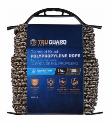 642831 Rope, 1/4 in Dia, 100 ft L, #8, 95 lb Working Load, Polypropylene, Camouflage