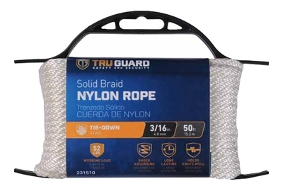 642171 Rope, 3/16 in Dia, 50 ft L, #6, 80 lb Working Load, Nylon, White