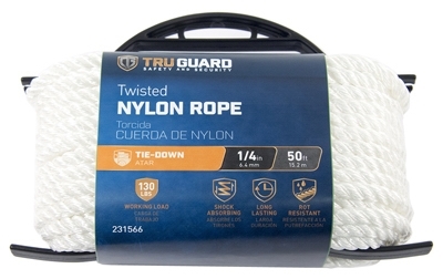 642241 Rope, 1/4 in Dia, 50 ft L, #8, 130 lb Working Load, Nylon, White