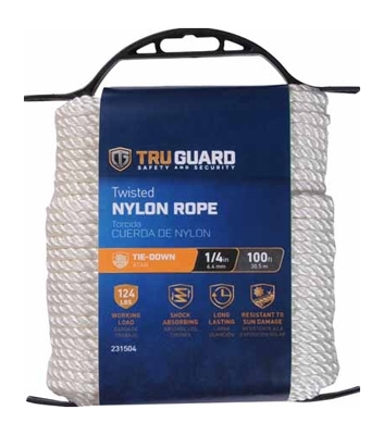 231504 Rope, 1/4 in Dia, 100 ft L, #8, 130 lb Working Load, Nylon, White