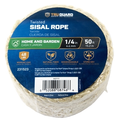 642111 Rope, 1/4 in Dia, 50 ft L, #8, 48 lb Working Load, Sisal, Natural