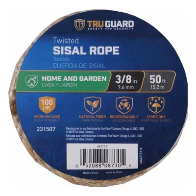 642131 Rope, 3/8 in Dia, 50 ft L, #12, 100 lb Working Load, Sisal, Natural