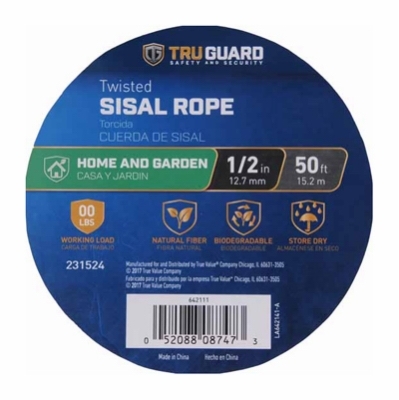 642141 Rope, 1/2 in Dia, 50 ft L, 115 lb Working Load, Sisal, Natural