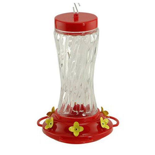 NA35225 Bird Feeder, 16 oz, 4-Port/Perch, Glass, Clear/Red