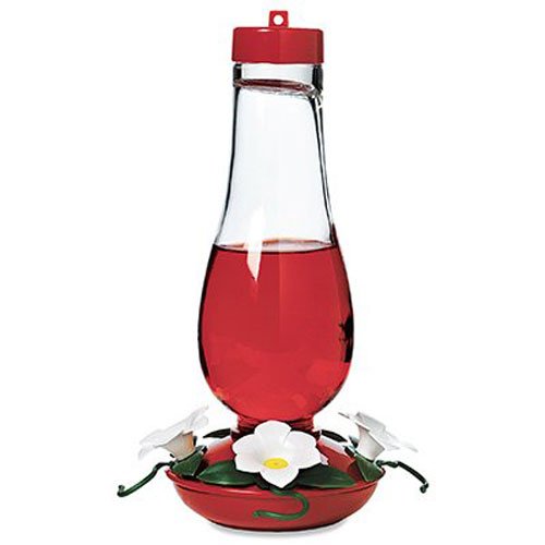 NA35233 Bird Feeder, Hurricane, 24 oz, 4-Port/Perch, Glass, Clear/Red