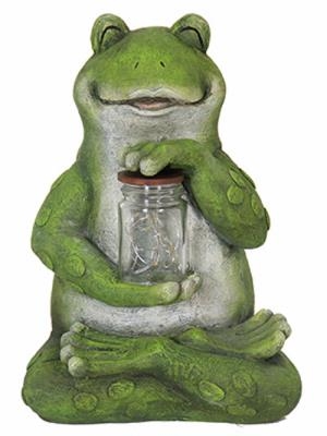 12072 Garden Statue with Fire Flies Jar, 11 in H, Frog Statue, Resin
