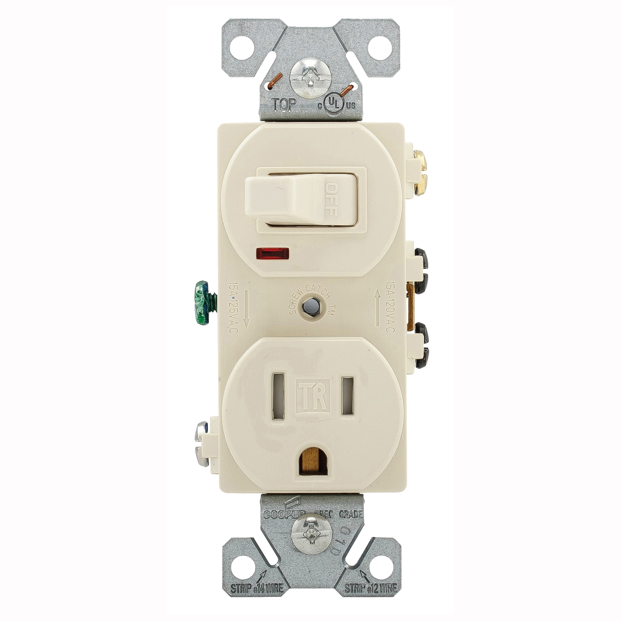 TR274LA Combination Switch/Receptacle, 2 -Pole, 15 A, 120 V Switch, 125 V Receptacle