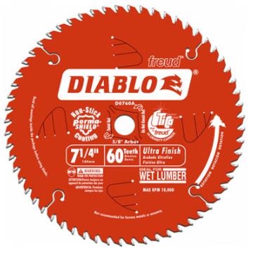 D0760X Circular Saw Blade, 7-1/4 in Dia, 5/8 in Arbor, 60-Teeth, TiCo Cutting Edge