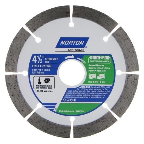 50507-038 Saw Blade, 4-1/2 in Dia, 5/8 to 7/8 in Arbor, Diamond Cutting Edge, Segmented Rim