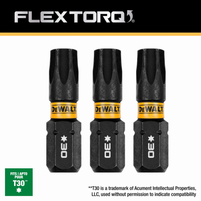 FlexTorq DWAF1TX30IR3 Screwdriver Bit, T30 Drive, Torx Drive, 1/4 in Shank, Hex Shank, 1 in L, Steel