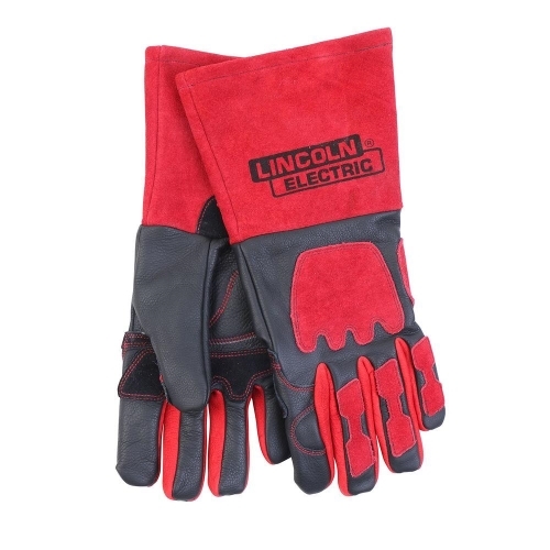 KH962 Welding Gloves, Men's, XL, 13-3/4 in L, Gauntlet Cuff, Cowhide Leather Palm, Black/Red