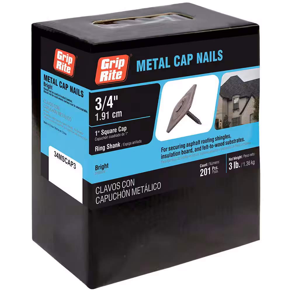 Grip-Cap Series 34MSCAP3 Cap Nail, 3/4 in L, Round Head, 12 ga, Metal/Steel, 201/BX
