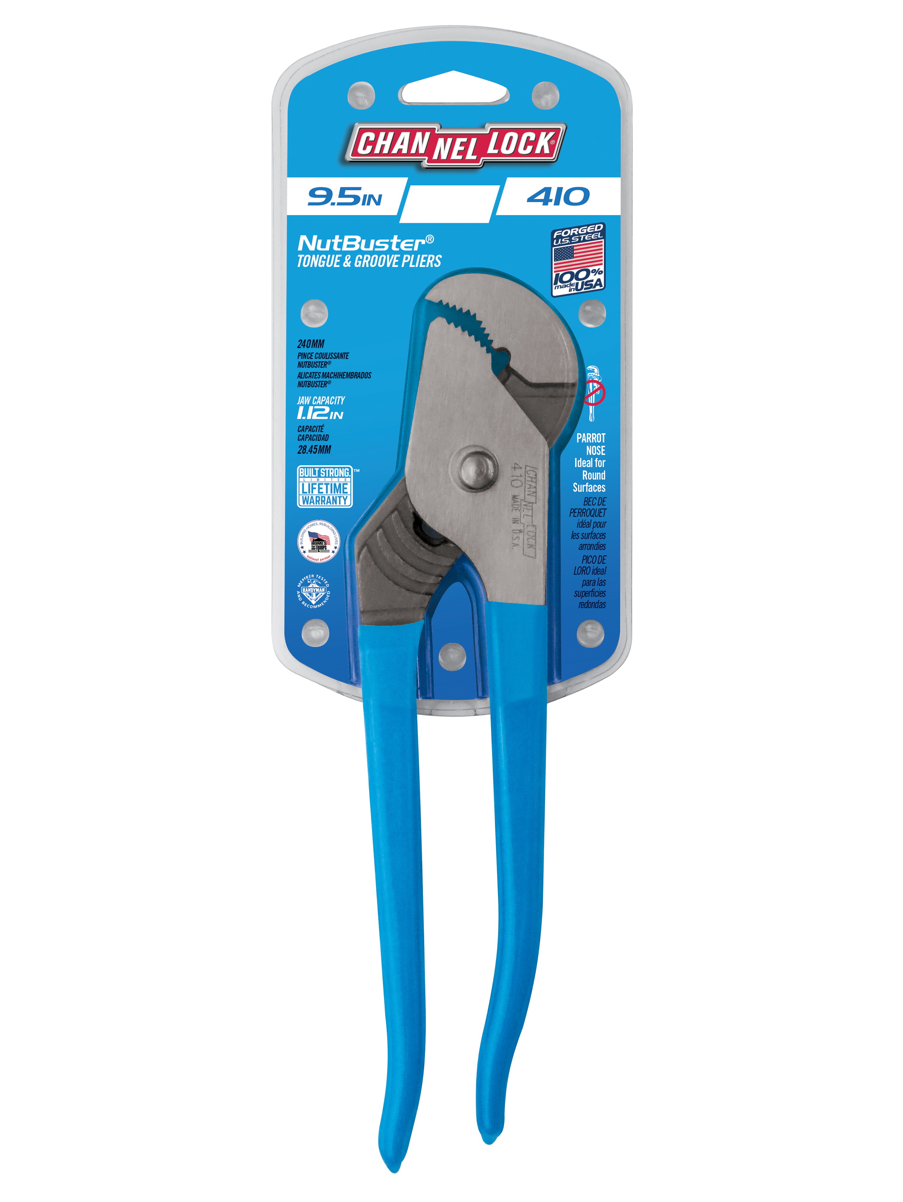 CHANNELLOCK 410 Tongue and Groove Plier, 9-1/2 in OAL, 1.12 in Jaw Opening, Blue Handle, Cushion-Grip Handle