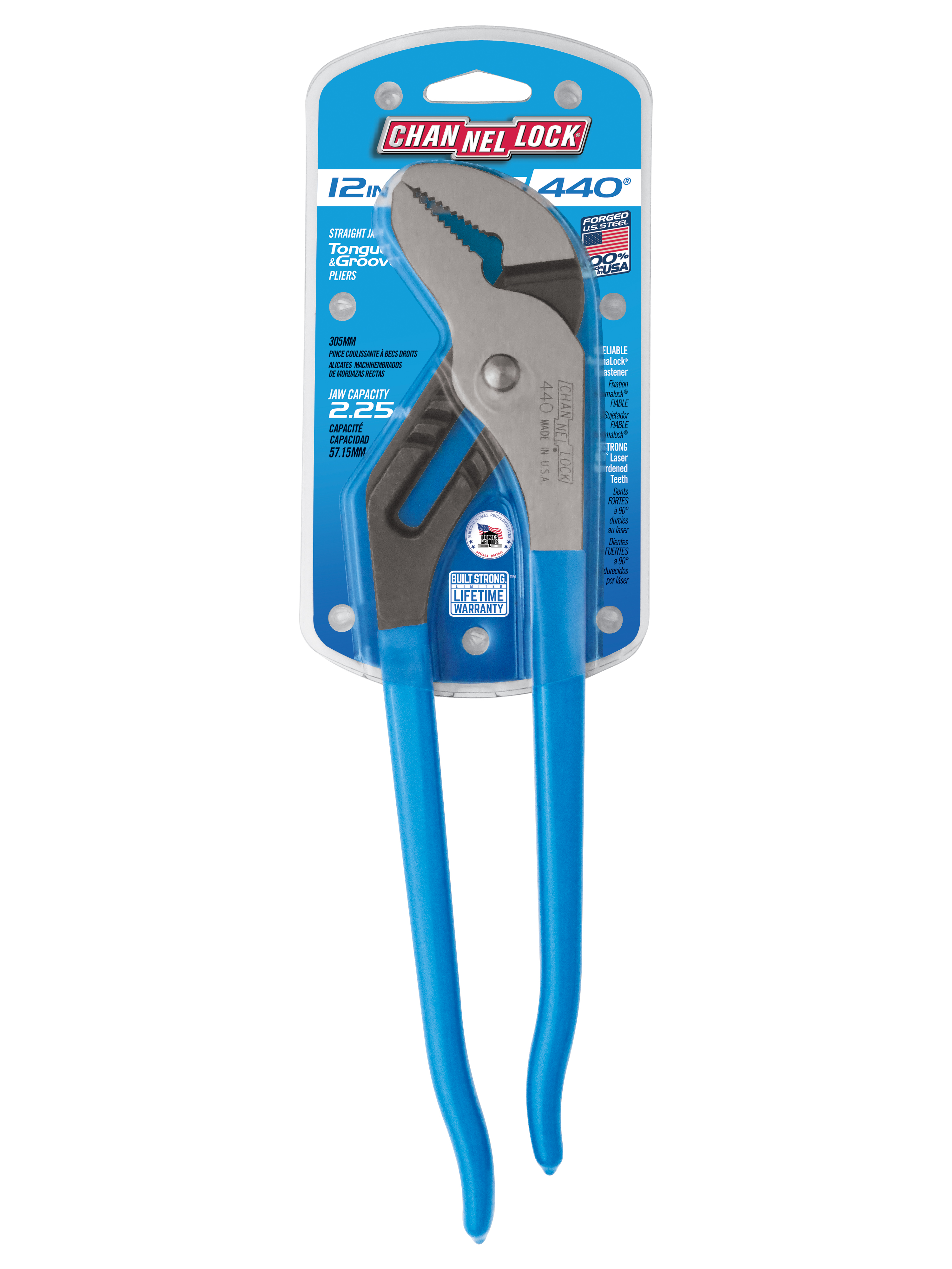 CHANNELLOCK 440 Tongue and Groove Plier, 12 in OAL, 2-1/4 in Jaw Opening, Blue Handle, Cushion-Grip Handle