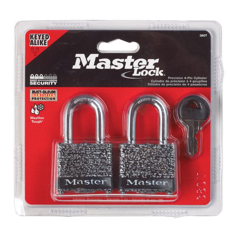 380T Padlock, Keyed Alike, 9/32 in Dia Shackle, 1-1/8 in H Shackle, Steel Shackle, Steel Body, Laminated, 2-pack