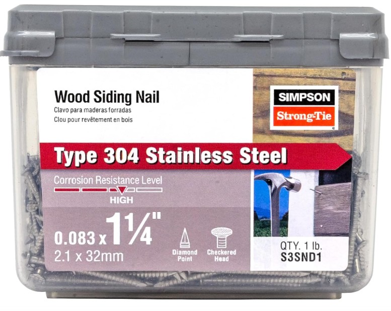 S3SND1 Wood Siding Nail, 3D, 1-1/4 in L, Stainless Steel, Full Round Head, Annular Ring Shank, 1 lb