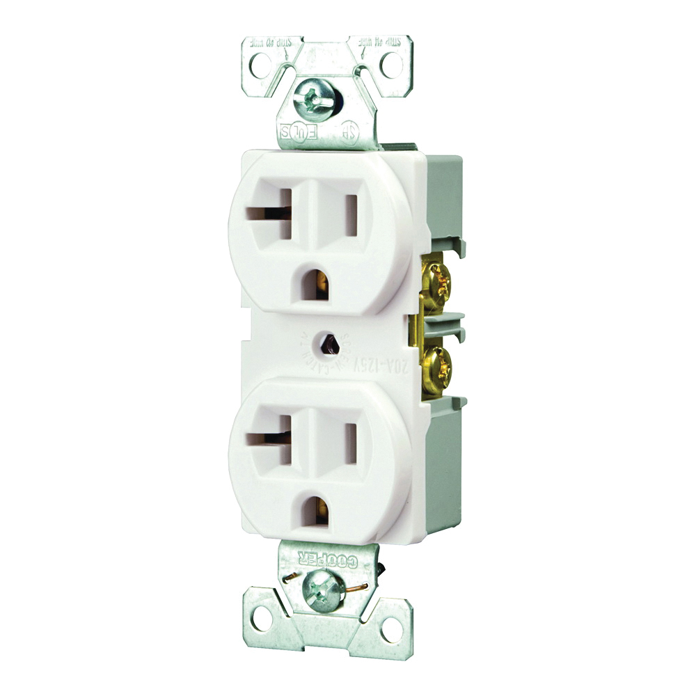 BR20W Duplex Receptacle, 2 -Pole, 20 A, 125 V, Back, Side Wiring, NEMA: 5-20R, White