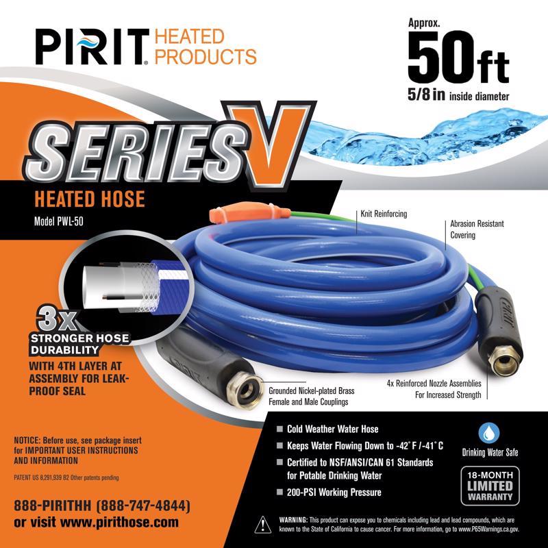 PWL-05-50 Heated Hose, 50 ft L, PVC, Blue