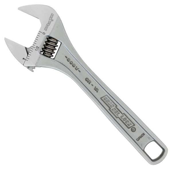WIDEAZZ Series 806W Adjustable Wrench, 6-1/4 in OAL, 0.94 in Jaw, Steel, Chrome, Plain-Grip Handle