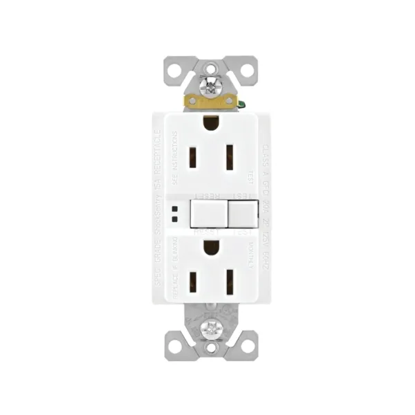 SGF15W-SP GFCI Duplex Receptacle, Polypropylene, White, 2-Pole, 15 A, 125 V, Back, Side Wiring