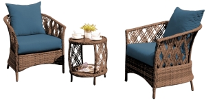 59600 Bistro Bayside Wicker Chat Set, Brown with Blue Cushions, PE Wicker