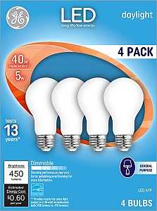 93098312 LED Bulb, General Purpose, A19 Lamp, 40 W Equivalent, E26 Lamp Base, Dimmable, White, Daylight Light