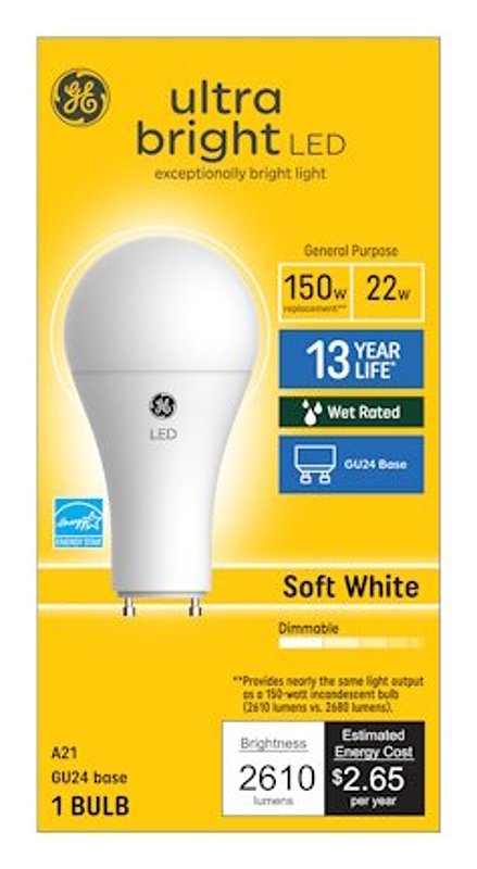 93129364 LED Bulb, A21 Lamp, 150 W Equivalent, GU24 Lamp Base, Dimmable, Soft White Light, 2700 K Color Temp