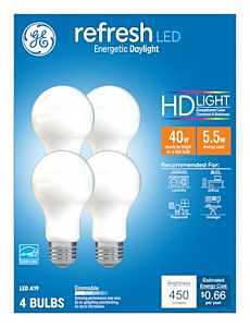93129429 LED Bulb, A19 Lamp, 40 W Equivalent, E26 Medium Lamp Base, Dimmable, Frost, Daylight, 5000 K Color Temp