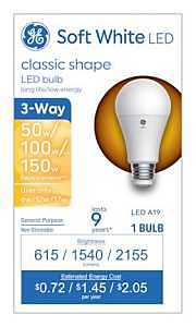 93130566 LED Bulb, 3-Way, A19 Lamp, 50/100/150 W Equivalent, Medium Lamp Base, Soft White Light, 2700 K Color Temp