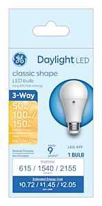 93130568 LED Bulb, 3-Way, A19 Lamp, 50/100/150 W Equivalent, Medium Lamp Base, DayLight, 5000 K Color Temp