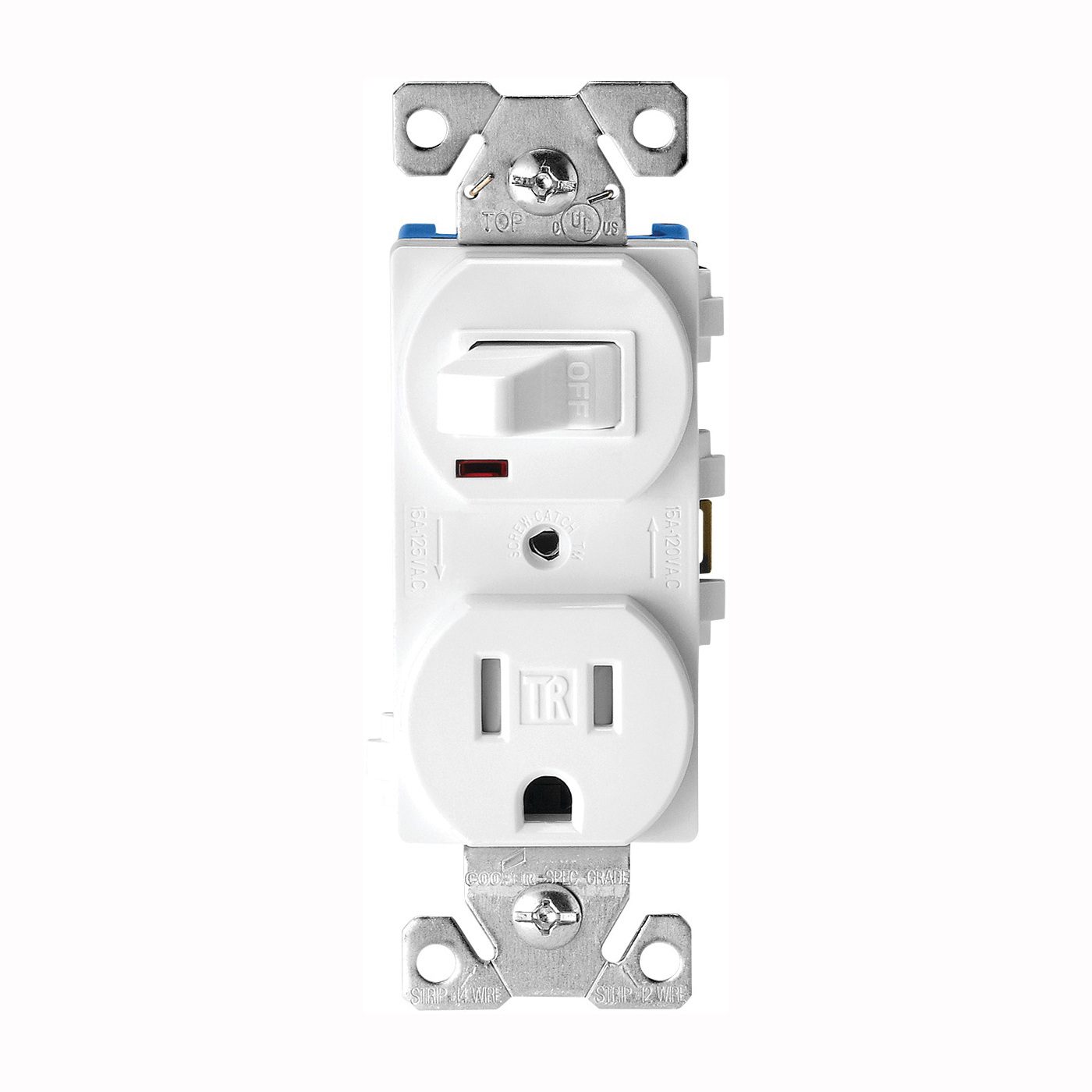 TR274W Combination Switch/Receptacle, 2 -Pole, 15 A, 120 V Switch, 125 V Receptacle, White