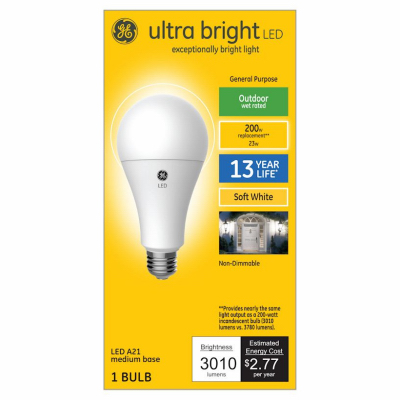 Ultra Bright 93128933 Light Bulb, A21 Lamp, 200 W Equivalent, Medium (E26) Lamp Base, Non-Dimmable, Soft White Light