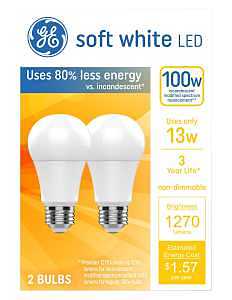 93131322 LED Light Bulb, A19 Lamp, 13 Wattage, 100 W Equivalent, Medium Lamp Base, Non-Dimmable, Soft White/Warm White