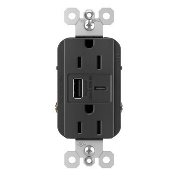 radiant R26USBAC6BKCCV4 USB Outlet, Type A/C, 15 A, 125 V, NEMA 5-15R, Black