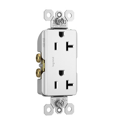 Pass & Seymour TR26352WCC8 Duplex Receptacle, Nylon, White, 2-Pole, 20 A, 125 V, NEMA: 5-20R, 14 to 10 AWG Wire