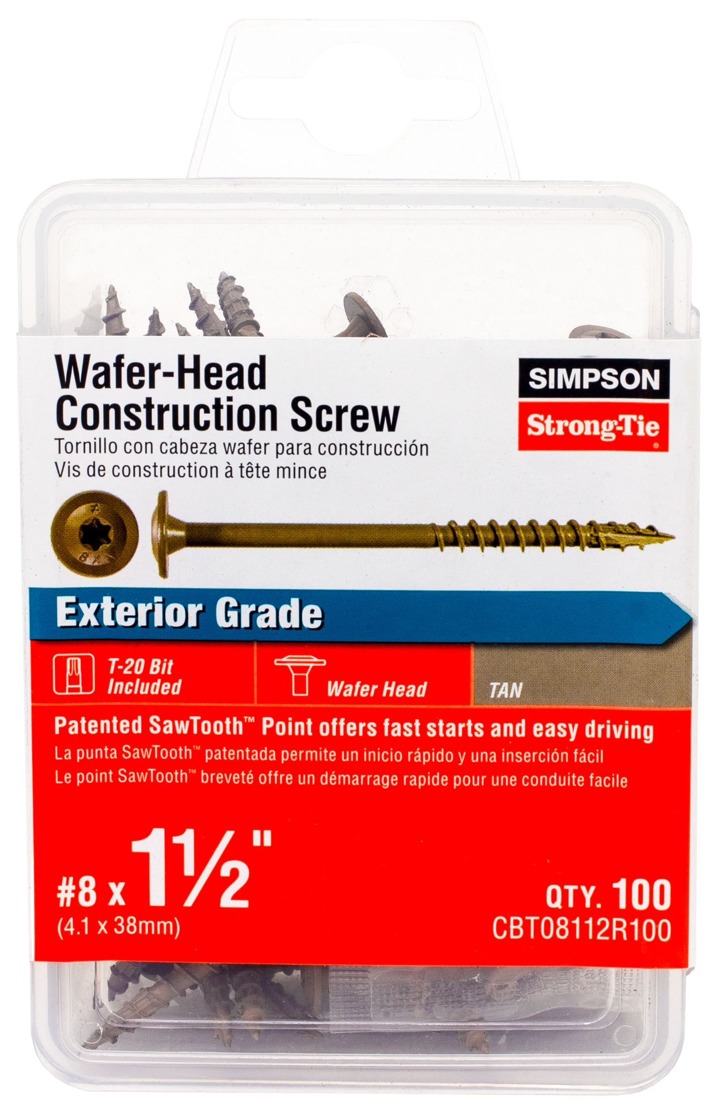 CBT08112R100 Construction Screw, #8 Thread, 1-1/2 in L, Serrated Thread, Wafer Head, Steel, Quik Guard® Coating, 100 PK