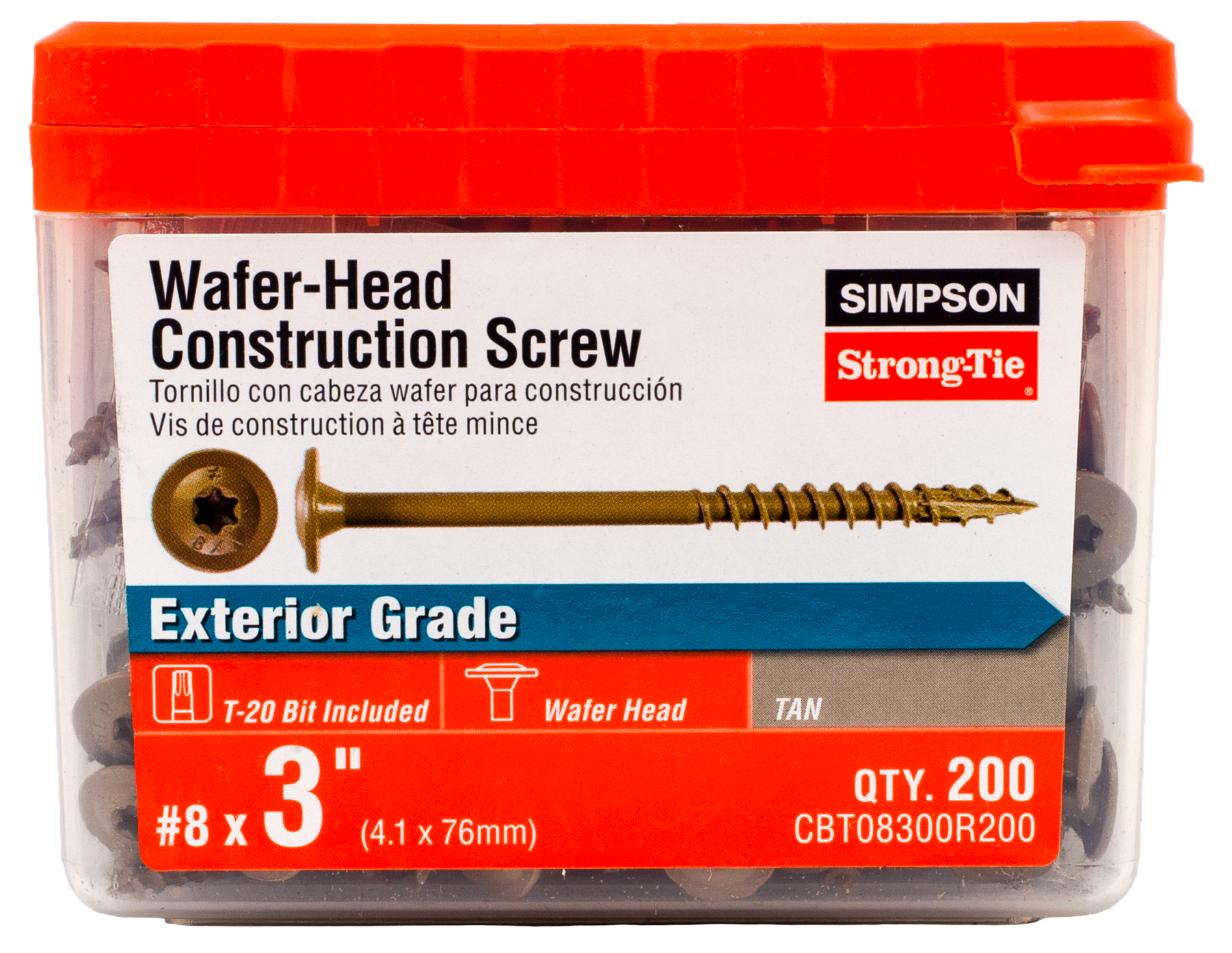 CBT08300R200 Construction Screw, #8 Thread, 3 in L, Serrated Thread, Wafer Head, 200, Steel, Quik Guard® Coating