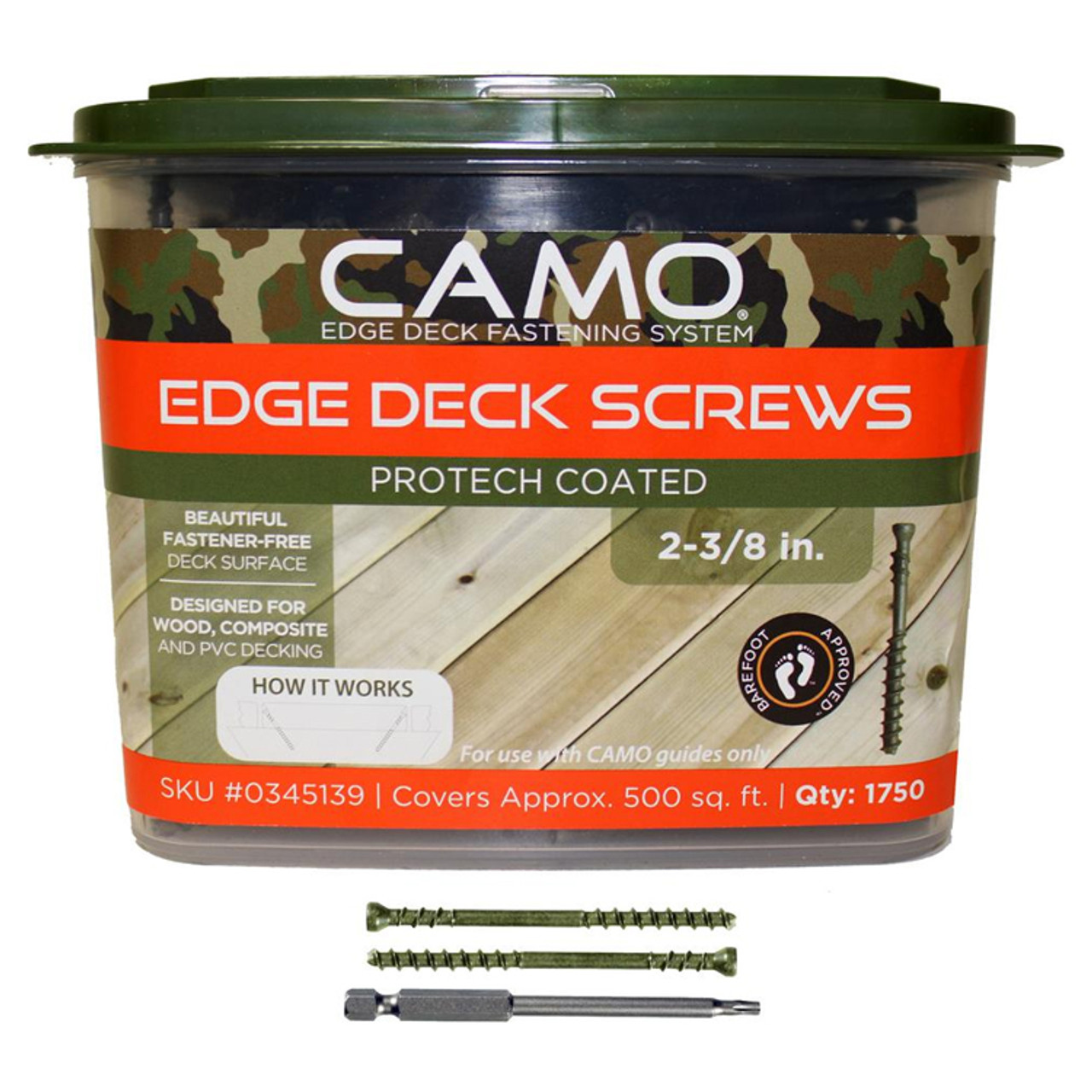 345148 Deck Screw, #7 Thread, 2-3/8 in L, T15 Drive Size, Carbon Steel, Trim Head, Star Drive, Carbon , ProTech-Coated, 350/PK, Green