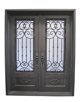72 in x 96 in, 3/4 View, Wrought Iron, Celosa Double, Flemish + Low E, Square Top, Aged Bronze Patina, Inswing, Double Exterior Prehung Door, Left Hand, Aged Bronze Patina Hinges