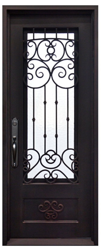 36 in x 80 in, 3/4 View, Wrought Iron, Celosa Single, Flemish + Low E, Square Top, Aged Bronze Patina, Inswing, Exterior Prehung Door, Left Hand, Aged Bronze Patina Hinges