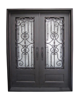 72 in x 96 in, 3/4 View, Estrella Double, Flemish + Low E, Square Top, Aged Bronze Patina, Wrought Iron, Inswing, Prehung Door, Left Hand, Aged Bronze Patina Hinges