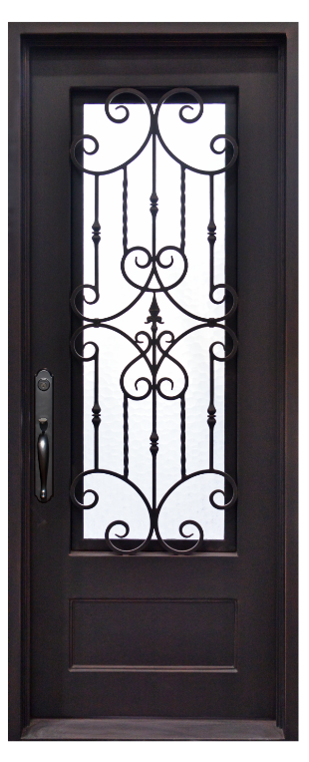 36 in x 96 in, 3/4 View, Wrought Iron, Estrella Single, Flemish + Low E, Square Top, Aged Bronze Patina, Inswing, Exterior Prehung Door, Left Hand, Aged Bronze Patina Hinges