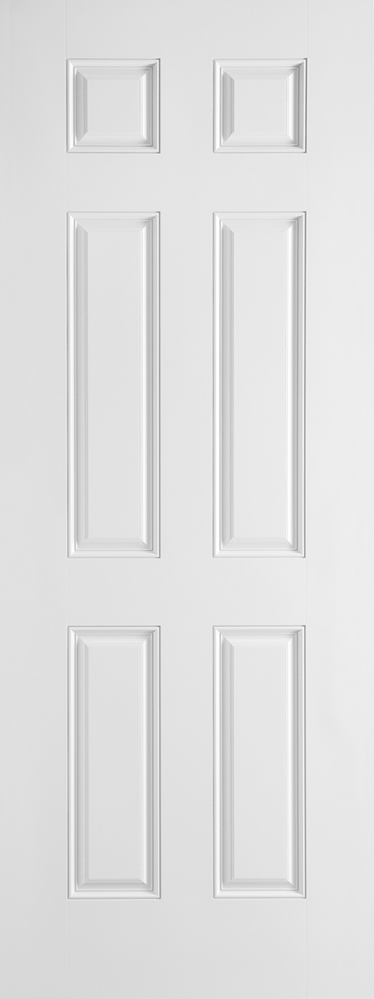 36 in x 80 in, 6 Panel, Primed, Smooth, Fiberglass, Exterior Prehung Door, Left Hand , 4" X 4" Satin Nickel Hinges