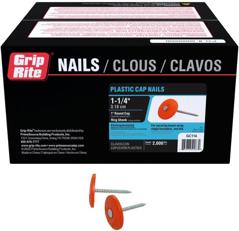 Grip-Cap Series GC114 Cap Nail, 1-1/4 in L, Round Head, 12 ga, Plastic, 2000/BX