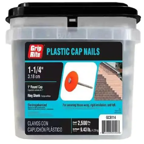 Grip-Cap Series GCB114 Cap Nail, 1-1/4 in L, Round Head, 12 ga, Plastic, 2500/BX