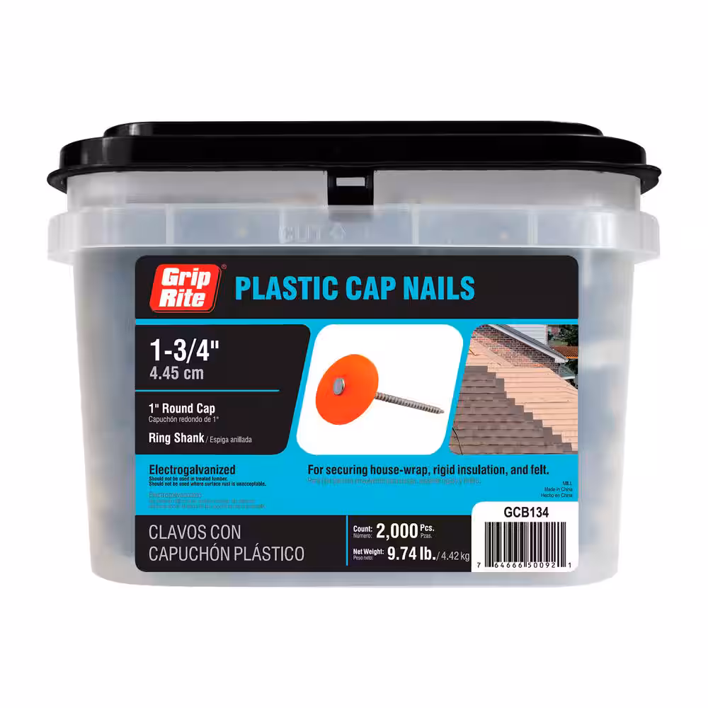 Grip-Cap Series GCB134 Cap Nail, 1-3/4 in L, Round Head, 12 ga, Plastic, 2000/BX