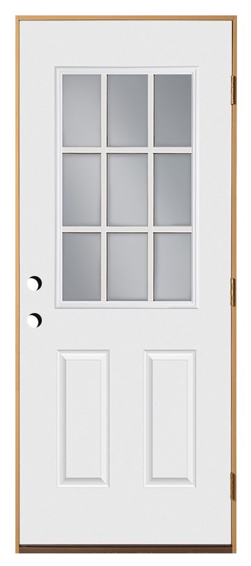 32 in x 80 in, Halfview, 9 Lite External Grille, Belleville, 2 Panels, Smooth, Fiberglass, Prehung Door, Left Hand, Satin Nickle Hinges