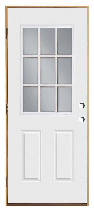 36 in x 80 in, Halfview, 9 Lite External Grille, Belleville, 2 Panels, Smooth, Fiberglass, Prehung Door, Right Hand, Satin Nickle Hinges